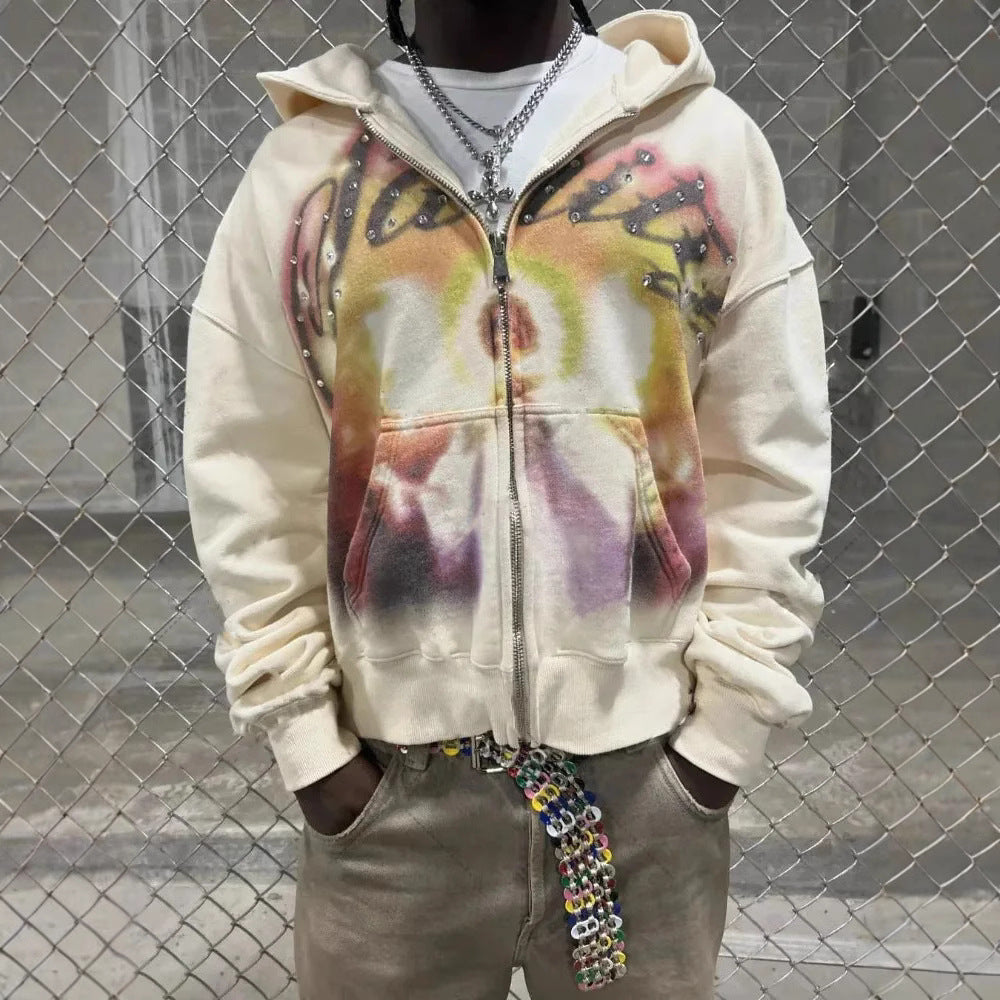 Athletic-style Zip-up Hoodie With Letter Graffiti Print – back view
