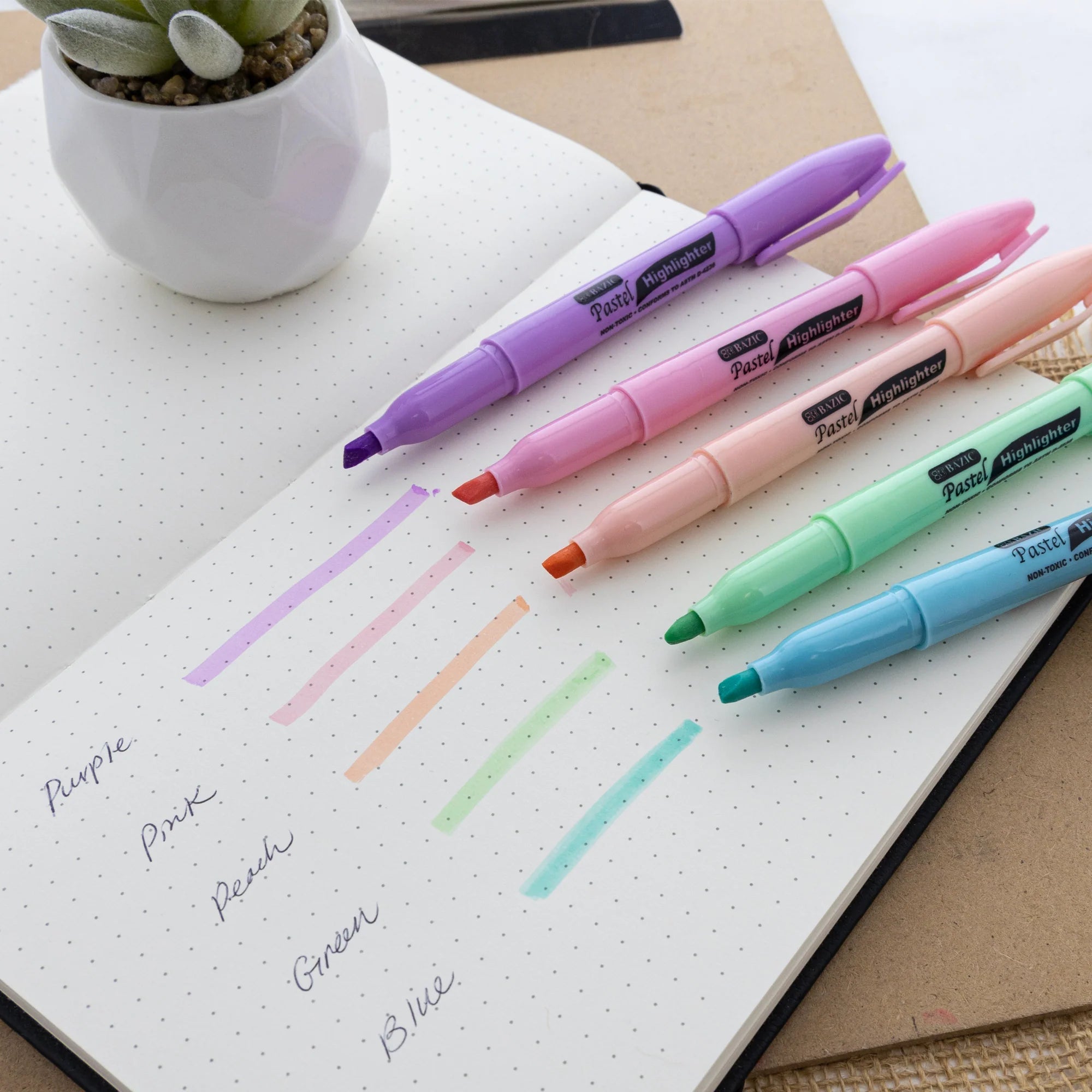 Pen Style Pastel Assorted Colors Highlighter w/ Pocket Clip (5/Pack) – side view