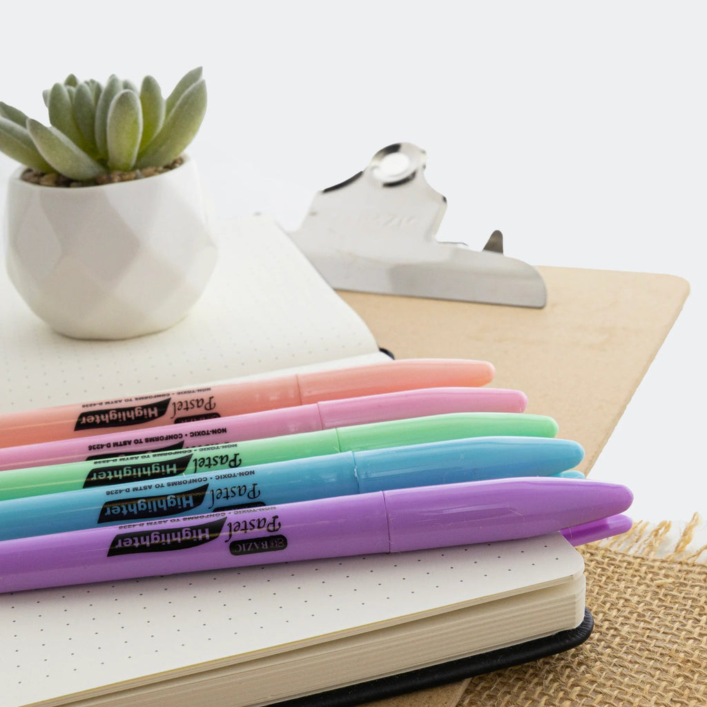 Pen Style Pastel Assorted Colors Highlighter w/ Pocket Clip (5/Pack) – close-up