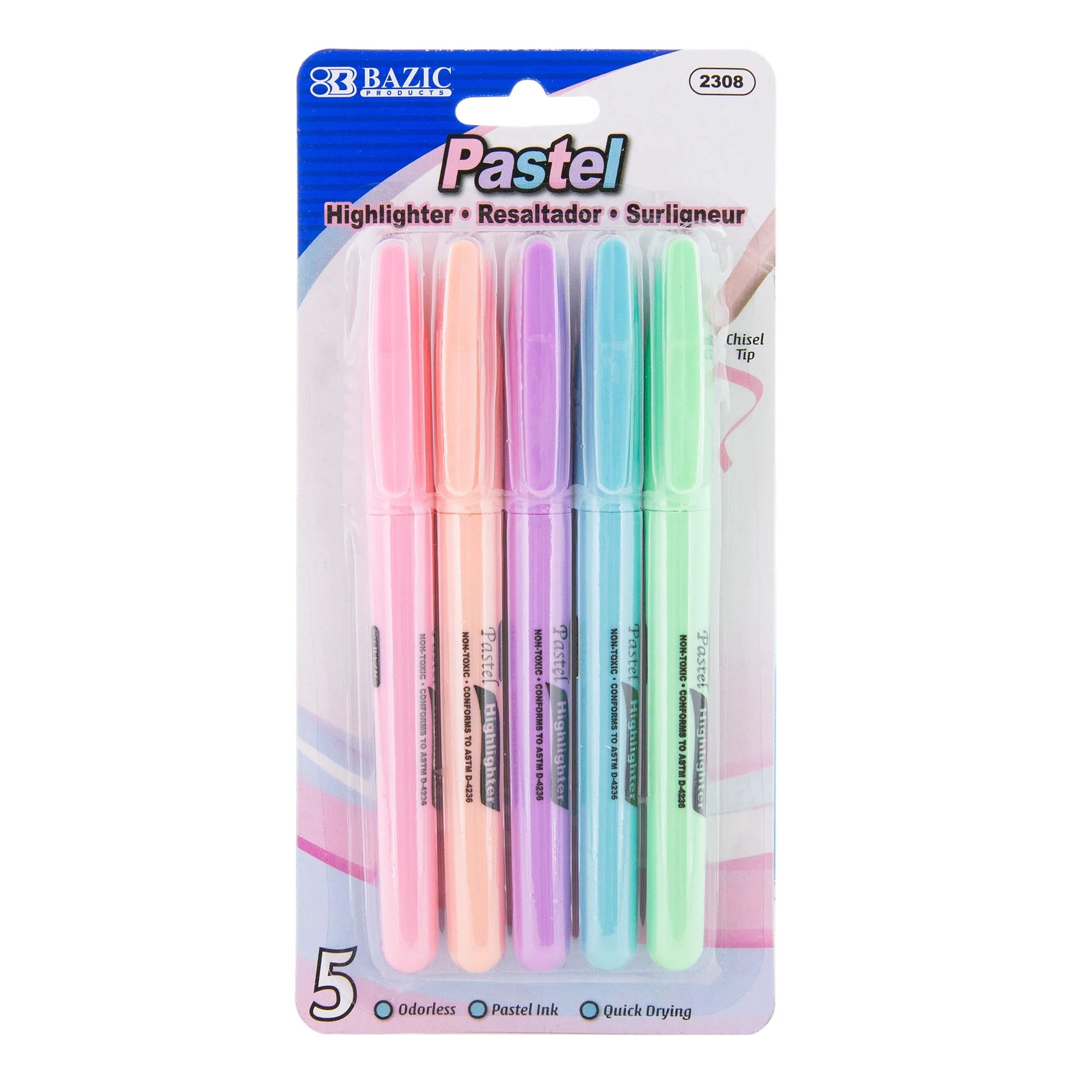 Pen Style Pastel Assorted Colors Highlighter w/ Pocket Clip (5/Pack) – detail view
