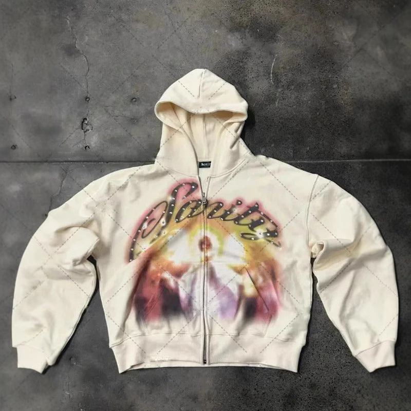 Athletic-style Zip-up Hoodie With Letter Graffiti Print – close-up