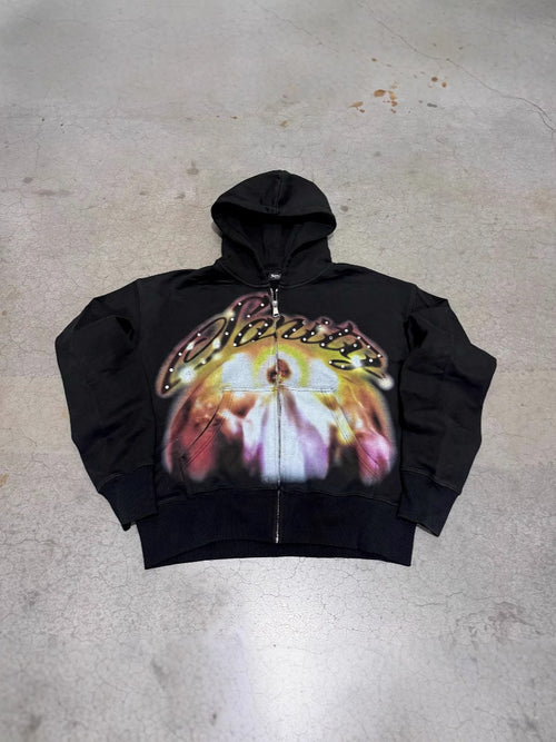 Athletic-style Zip-up Hoodie With Letter Graffiti Print