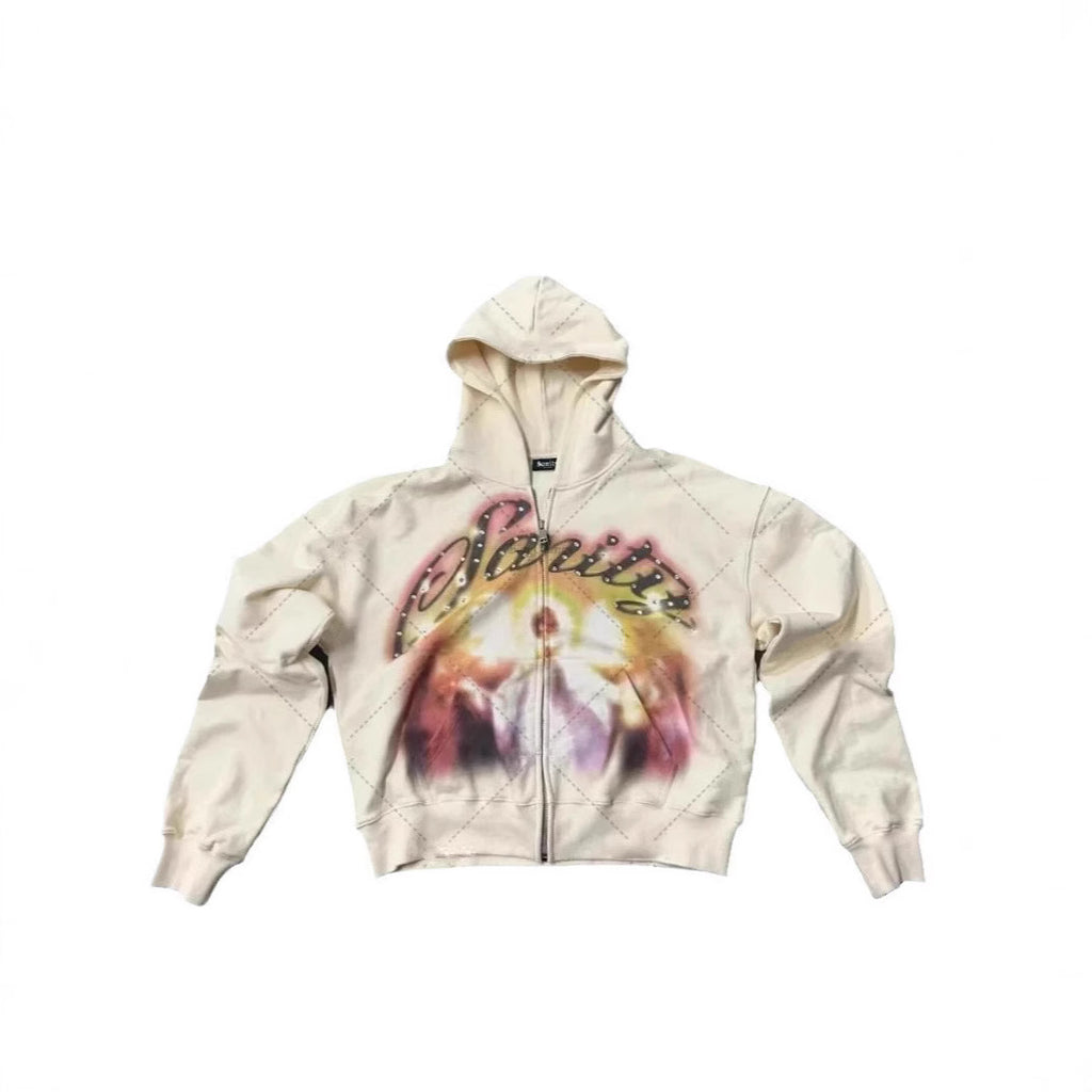 Athletic-style Zip-up Hoodie With Letter Graffiti Print – detail view