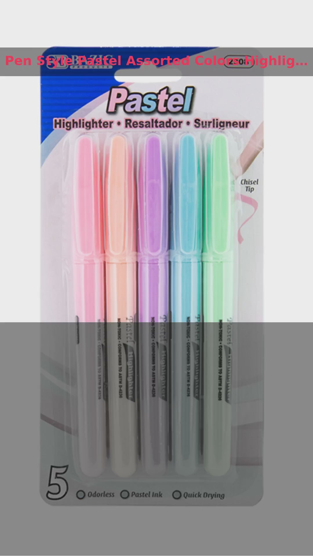 Pen Style Pastel Assorted Colors Highlighter w/ Pocket Clip (5/Pack)